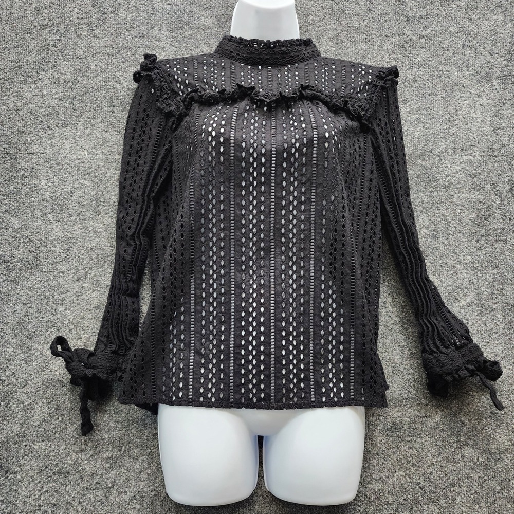 Madewell Women's Black Eyelet Ruffle Mock Neck Victorian Boho Blouse Cotton XS